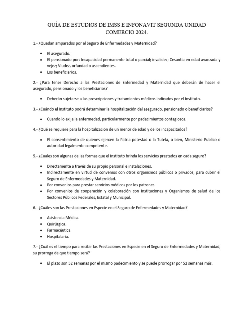 Guia de Estudios de Imss e Infonavit 2024 Unidad Ii | PDF