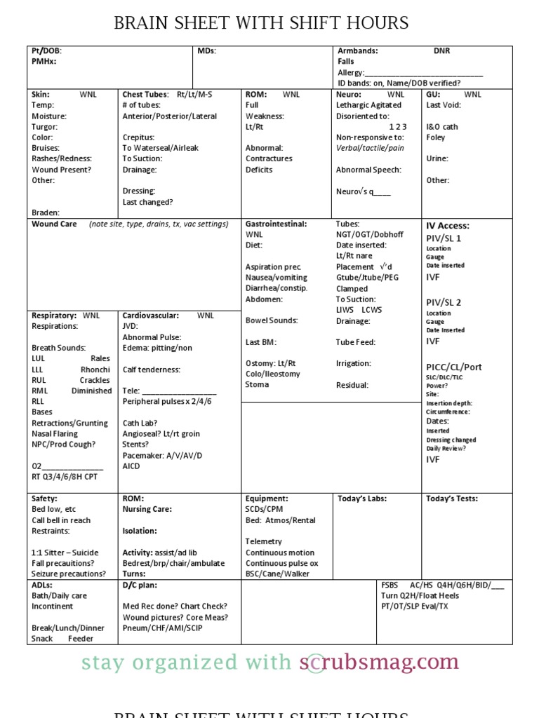 Nurse Brain Sheet With Shift Hours | PDF