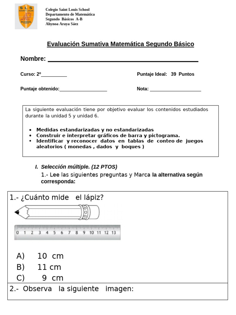 Prueba Unidad Segundo Basico Medicion Y Graficos Final Pdf 