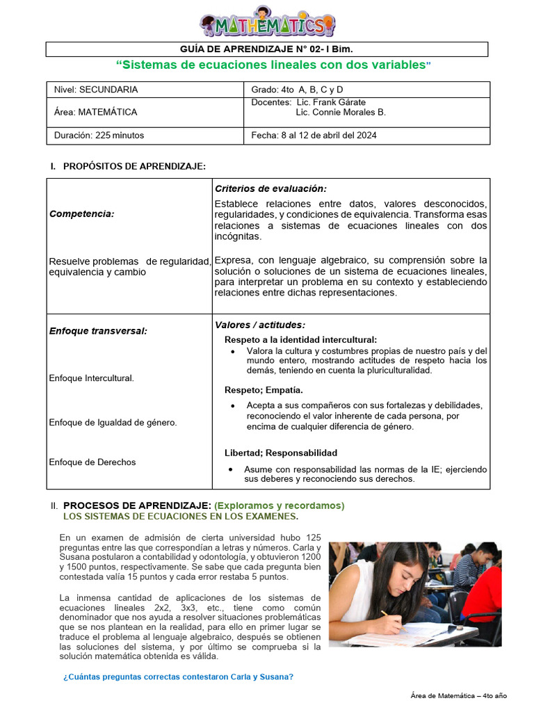 GUIA DE APRENDIZAJE N02 - 4to Ano | PDF