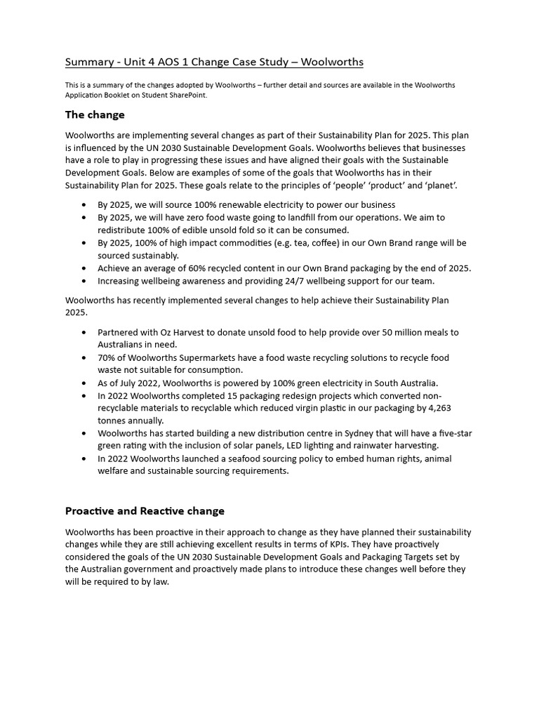 Unit 4 AOS 1 Change Case Study Summary - Woolworths | PDF