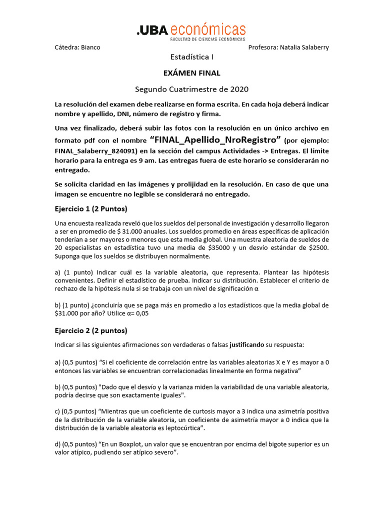 Final Estadística I 2C 2020 | PDF