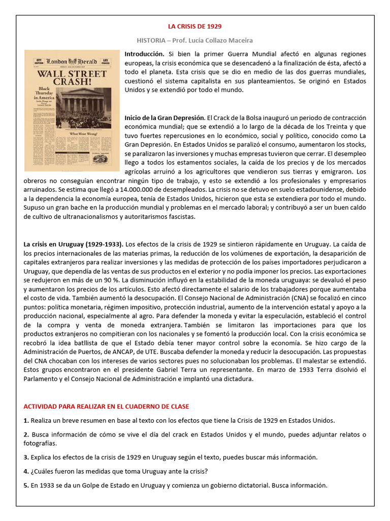 LA CRISIS DE 1929 EN ESTADOS UNIDOS, URUGUAY Y EL MUNDO - HISTORIA ...