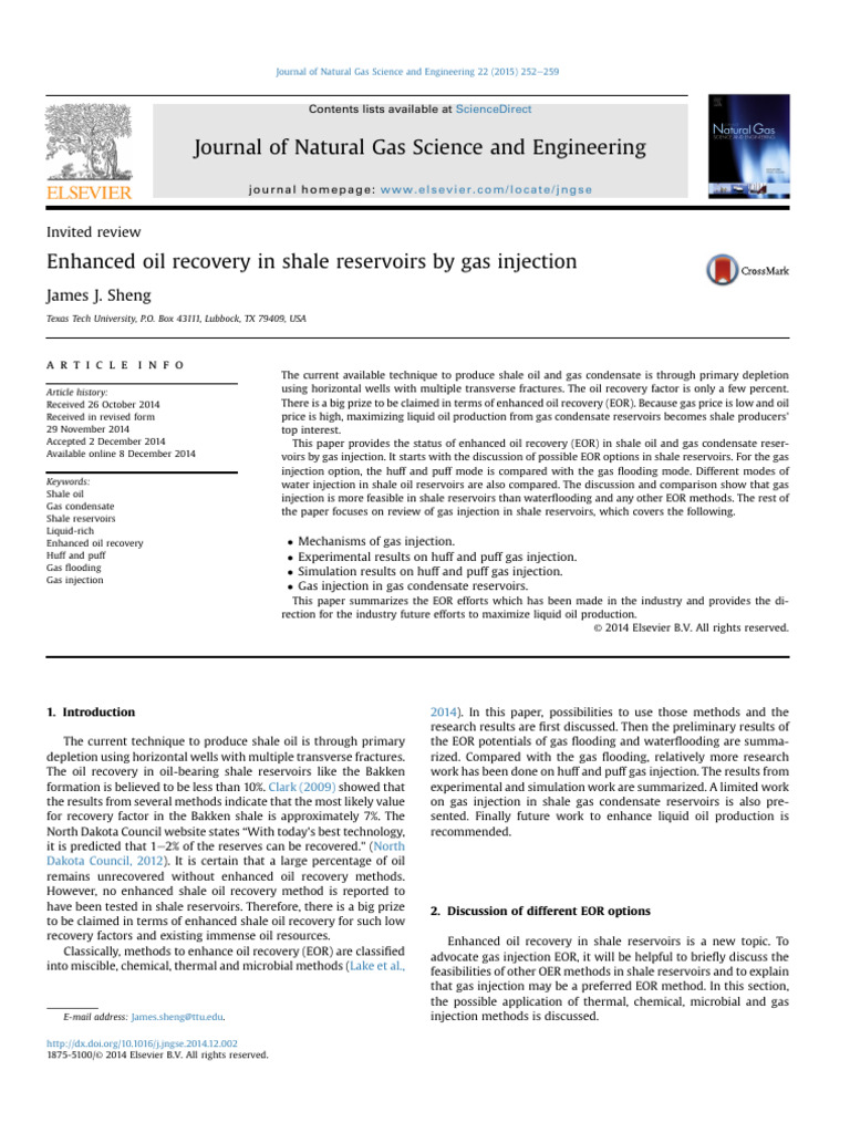 Enhanced Oil Recovery in Shale Reservoirs by Gas Injection | PDF