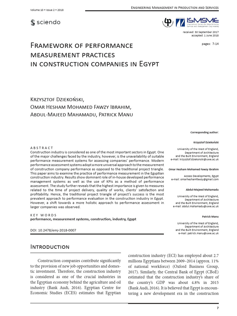Framework of performance measurement practices in construction