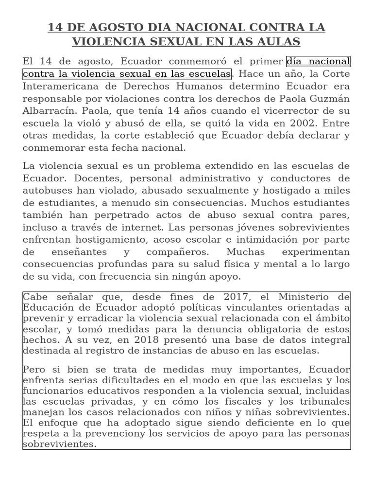 14 de Agosto Dia Nacional Contra La Violencia Sexual en Las Aulas | PDF