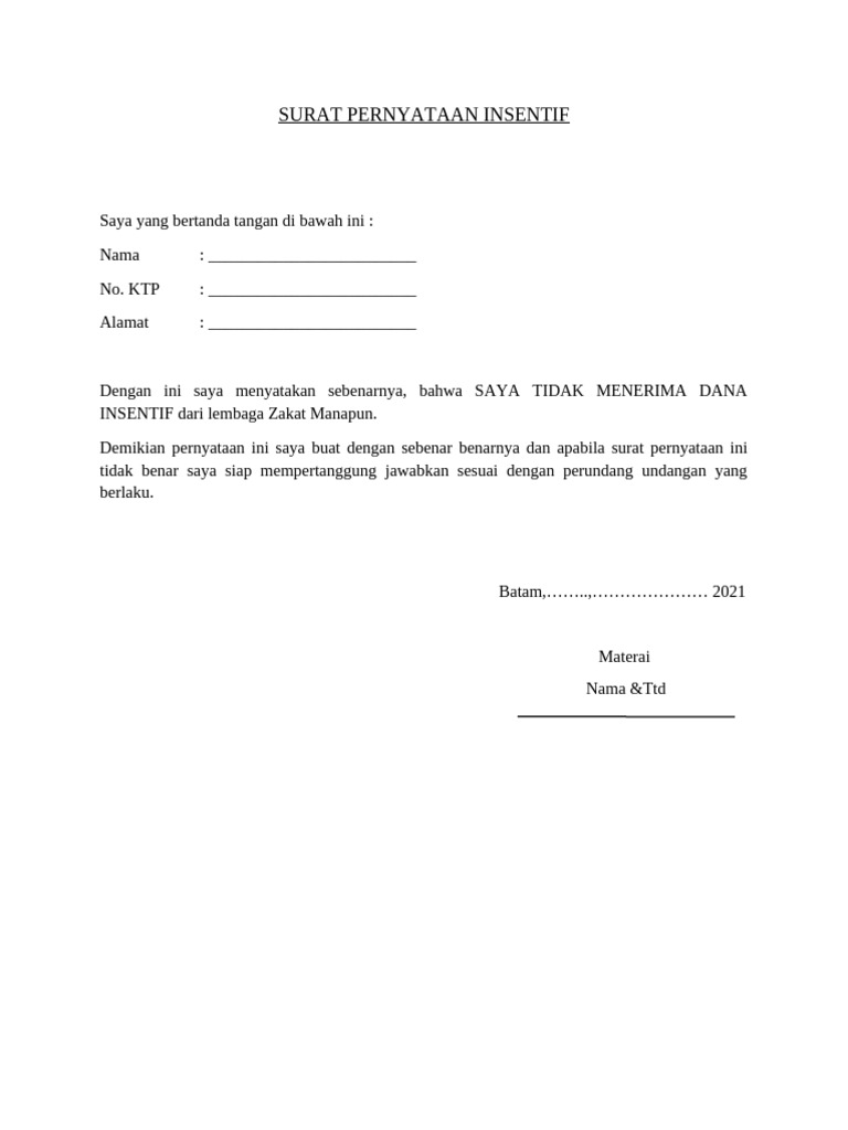 Surat Pernyataan Insentif | PDF