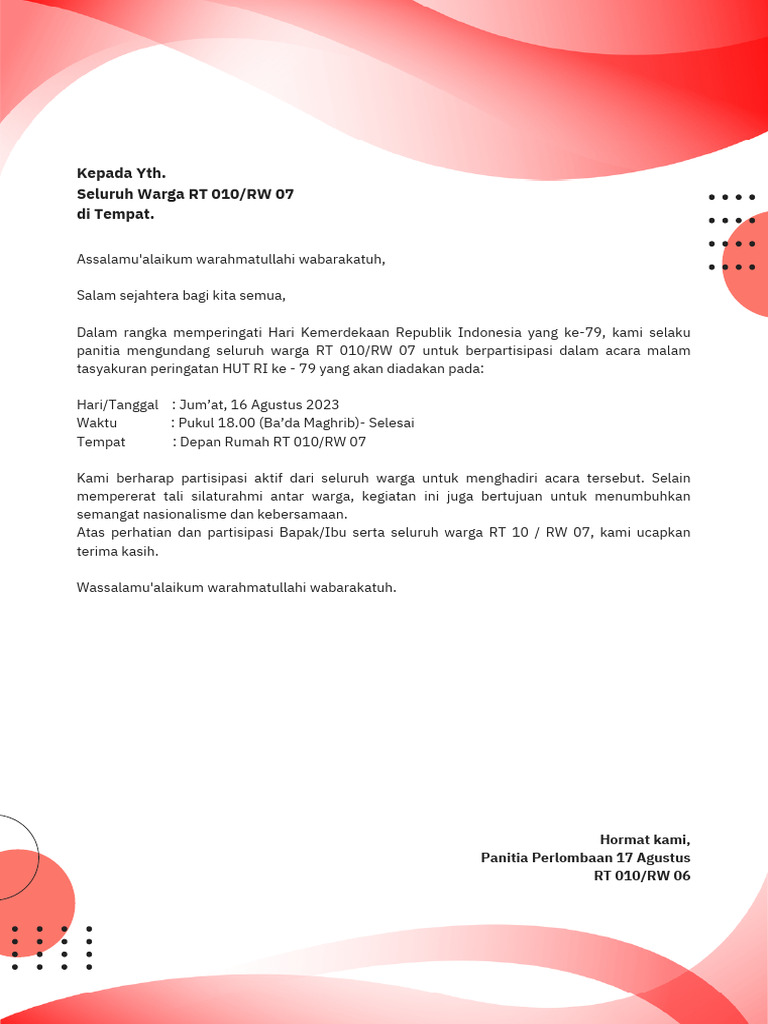 Surat Undangan Hut Ri 79 | PDF