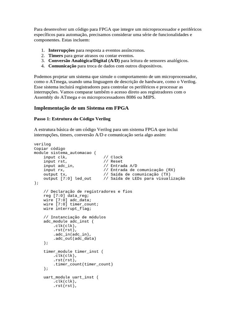 Para desenvolver um c digo para fpga que integre um microprocessador e