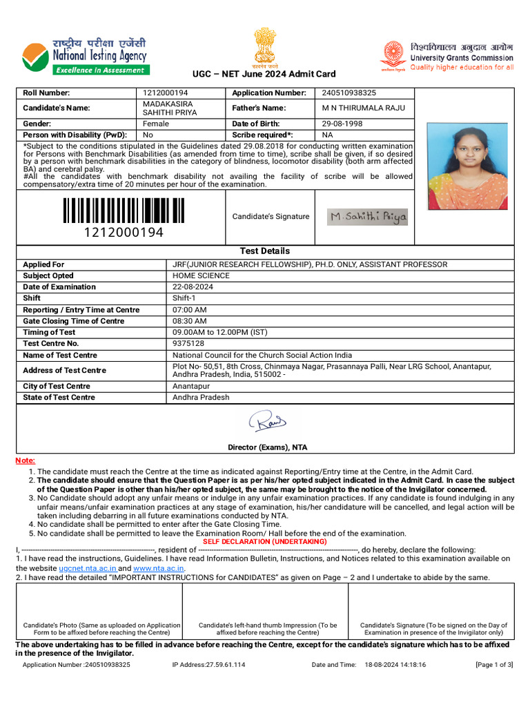 Ugc Net 2024 Aug | PDF | Identity Document