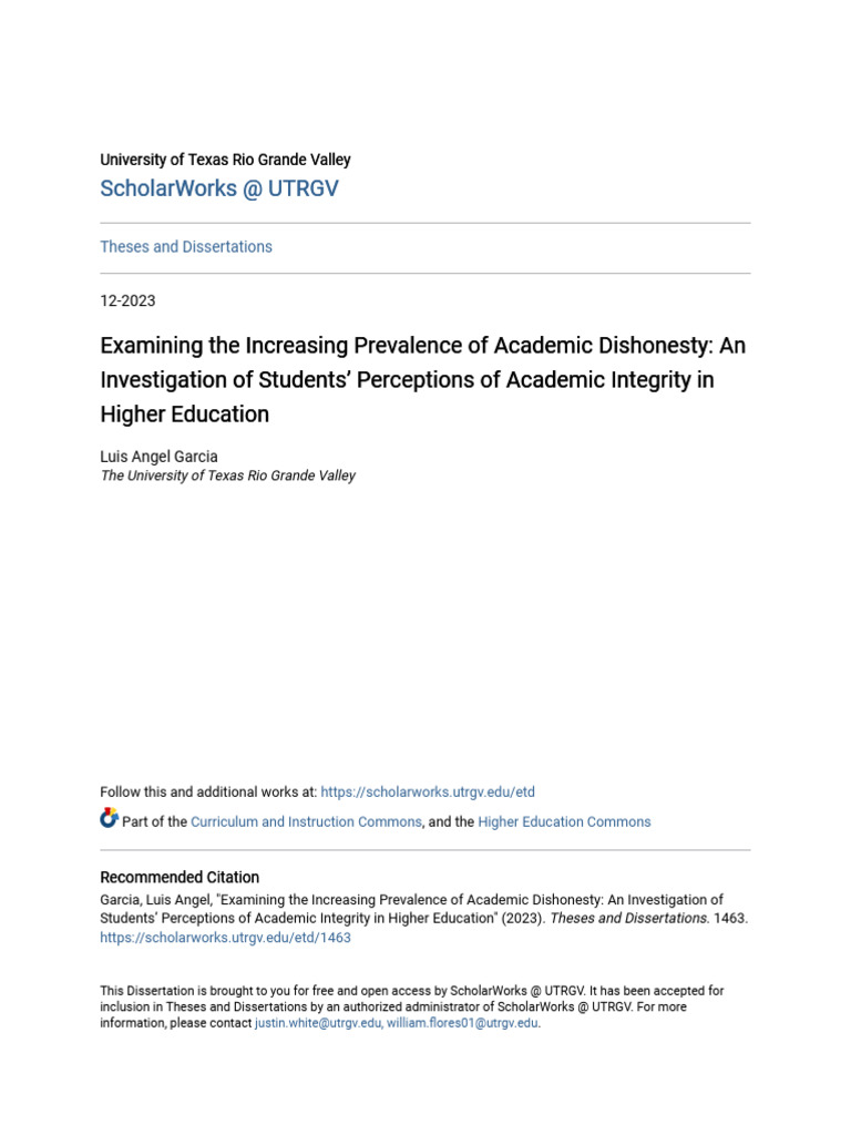 Examining The Increasing Prevalence of Academic Dishonesty - An in | PDF