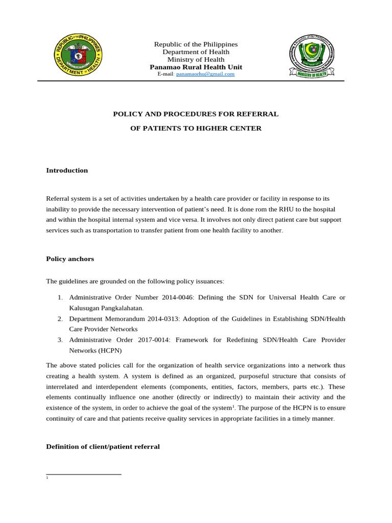Policy On Referring Patient To Higher Center | PDF