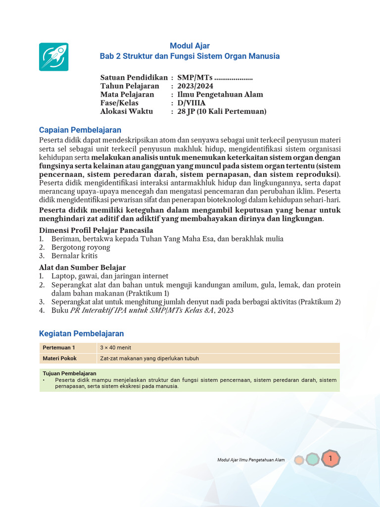 Modul Ajar PR IPA 8A 2023-2024 Bab 2 | PDF