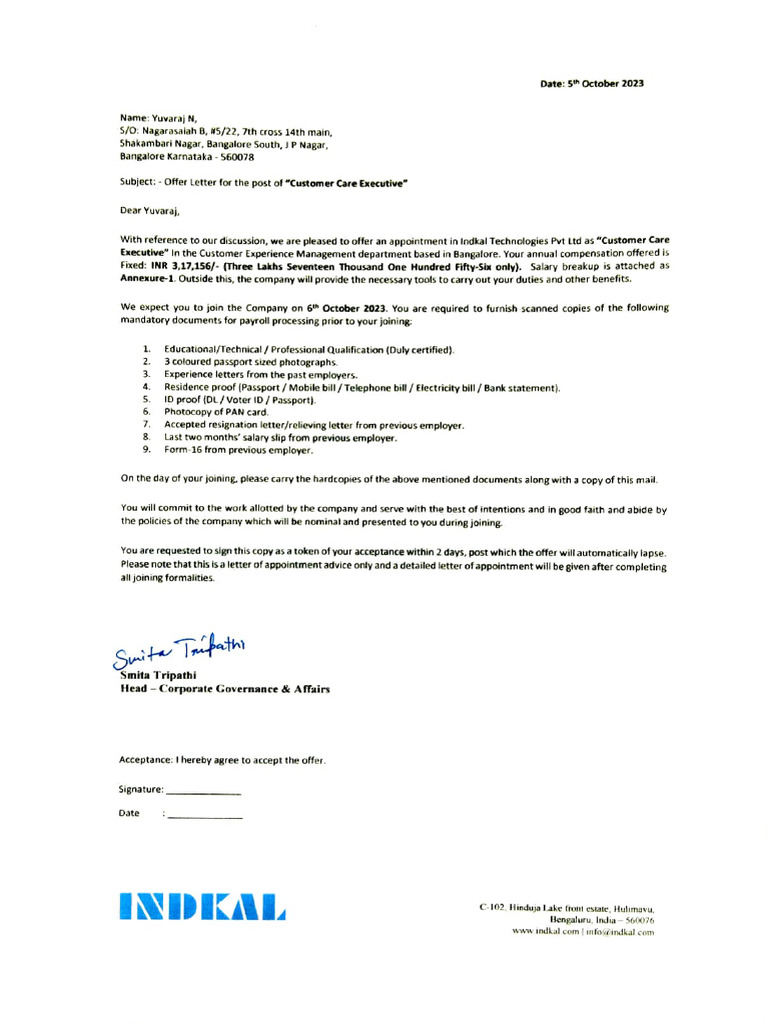 Customer Care Executive Offer Letter | PDF | Business