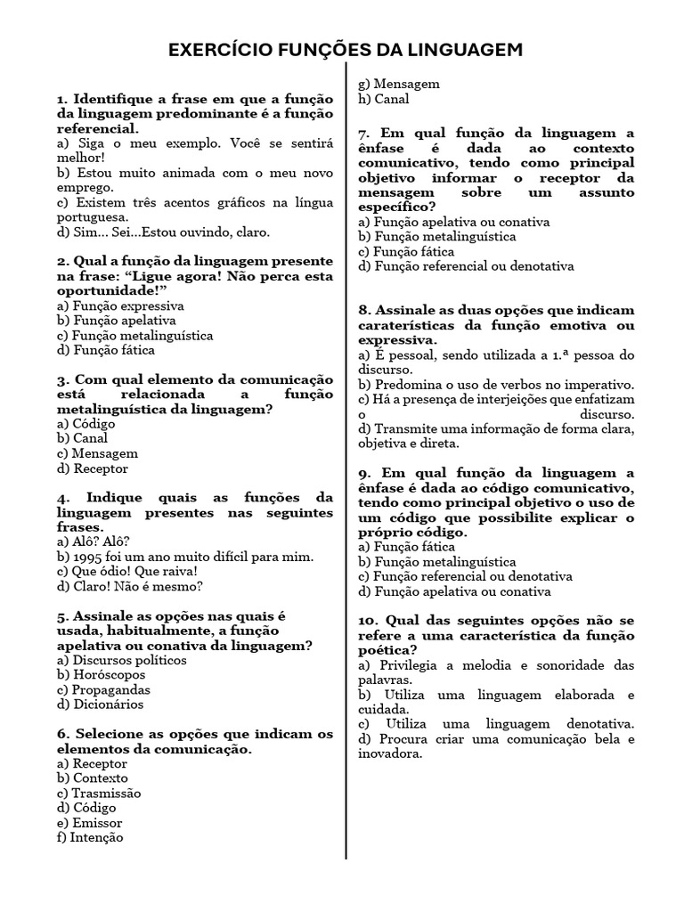Exercicios Funções Da linguagem-ALUNO | PDF