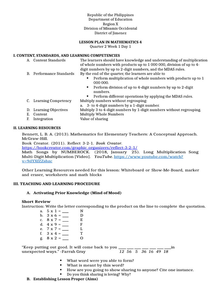 Lesson Plan Math 4 For DEMO (MATATAG Curriculum) | PDF