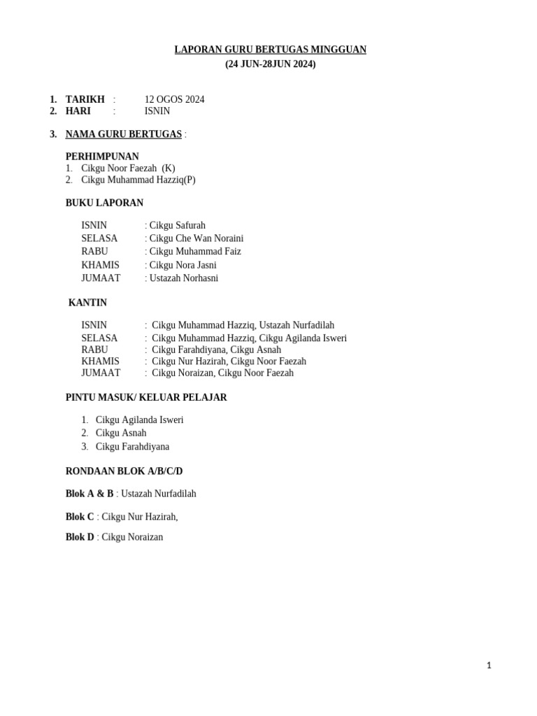 Laporan Guru Bertugas Minggu 15 Pdf