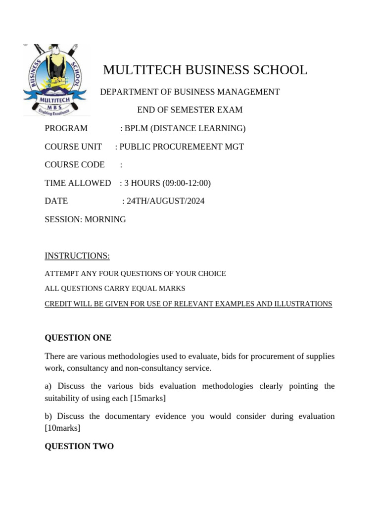 Public Procurement Exam Questions 2024 | PDF | Procurement | Business