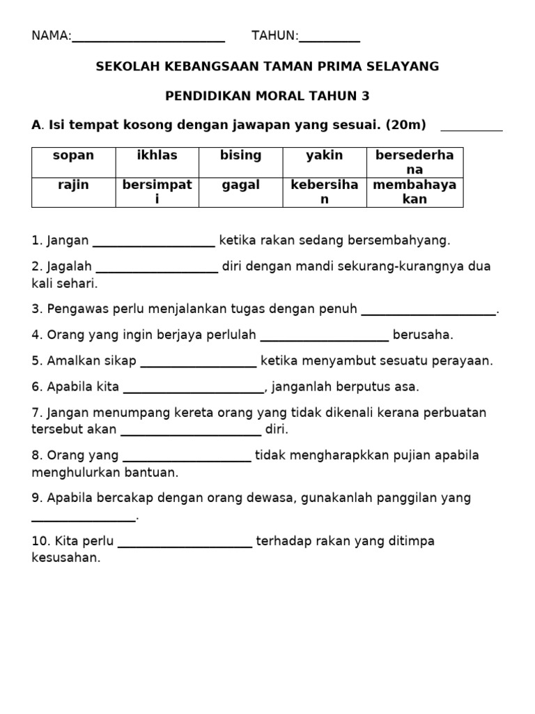Ujian Moral Tahun 3 Pdf