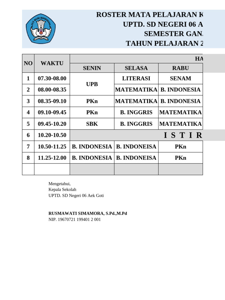 Roster Pelajaran Kelas I-V 2023/2024 | PDF