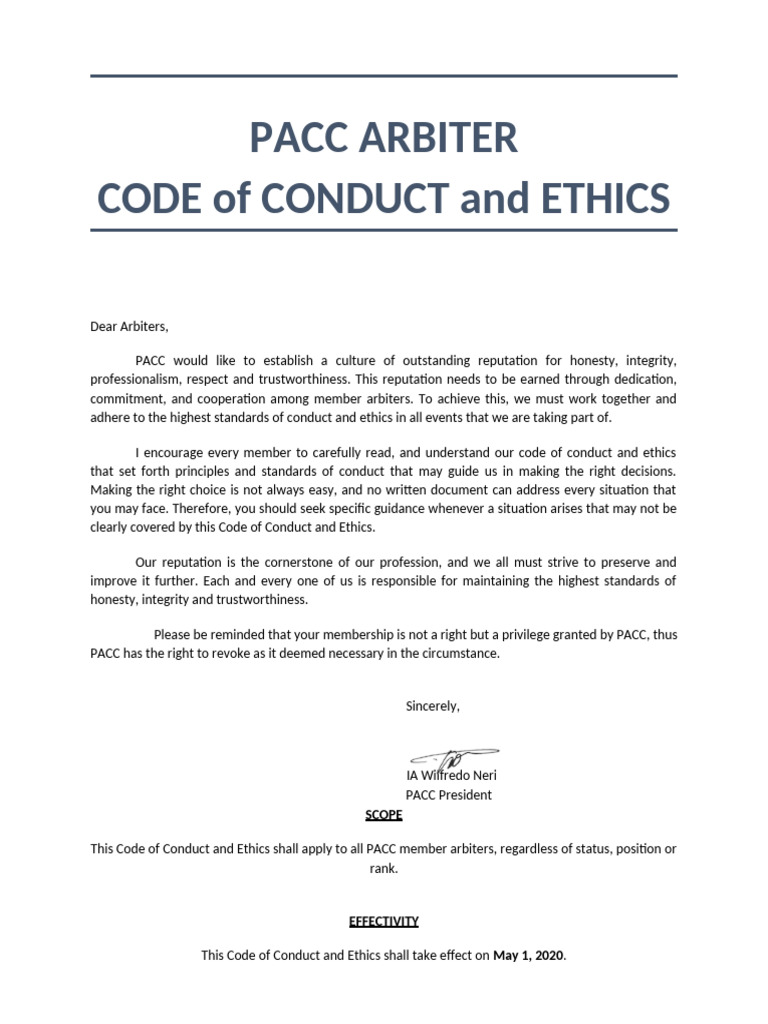 PACC Code of Ethics and Conduct 2020 | PDF