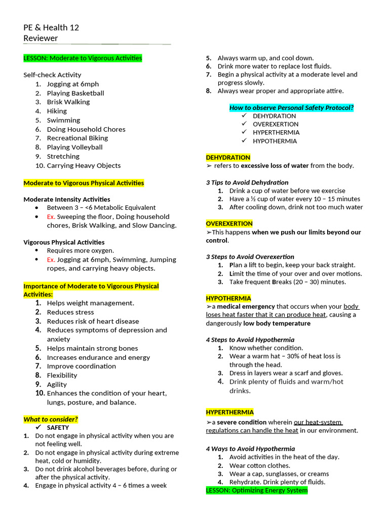 Moderate to Vigorous Activities Guide | PDF | Dehydration | Wellness