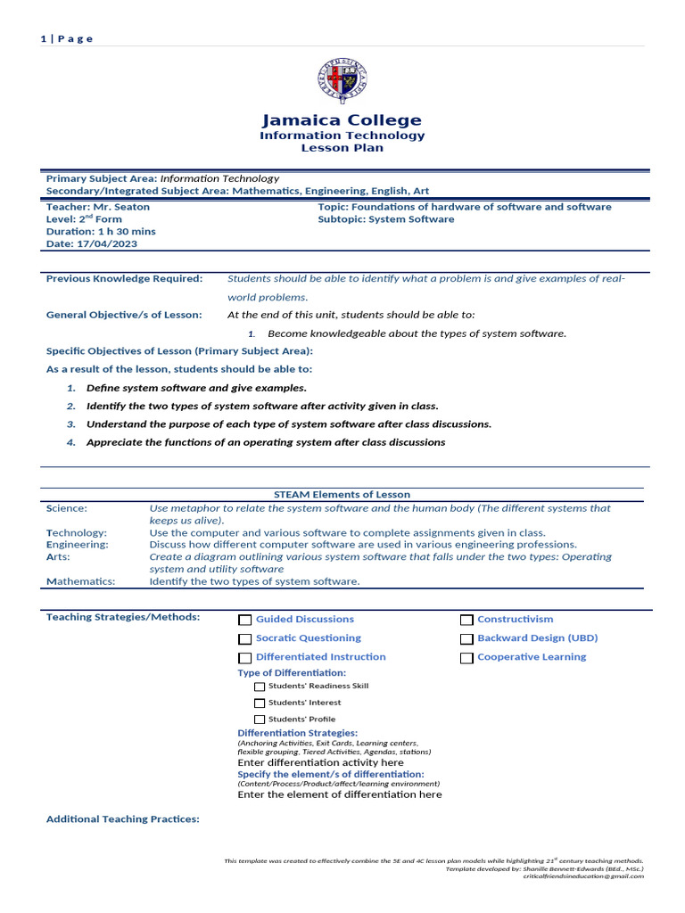 Grade 8 Foun of Hardware and Software - System Software Lesson Plan | PDF