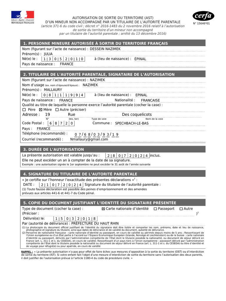 Autorisation de Sortie Du Territoire (Ast) D'Un Mineur Non Accompagné ...