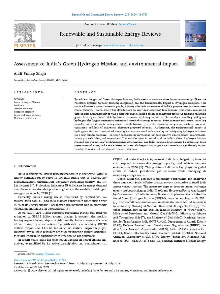 Assessment of India's Green Hydrogen Mission and Environmental Impact | PDF