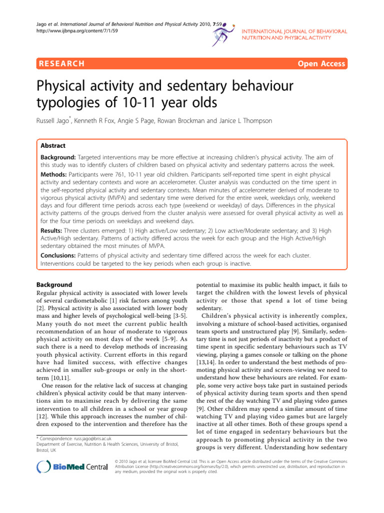 Physical Activity and Sedentary Behaviour Typologies of 10-11 Year Olds ...