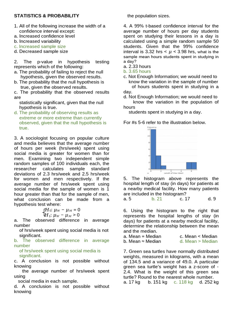 Statistics and Probability Quiz Questions | PDF | Statistical ...