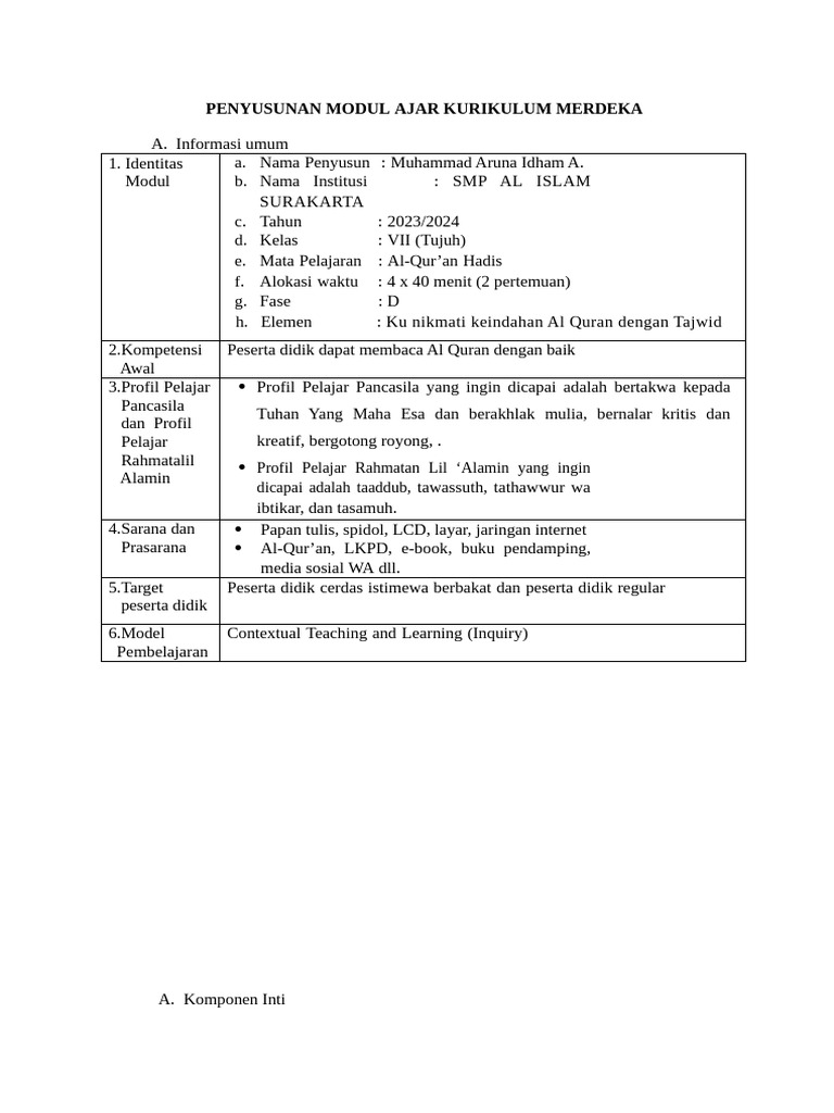 Modul Ajar Quran Hadits Kelas 7 Materi Kunikmati Bacaan Alquran Dengan