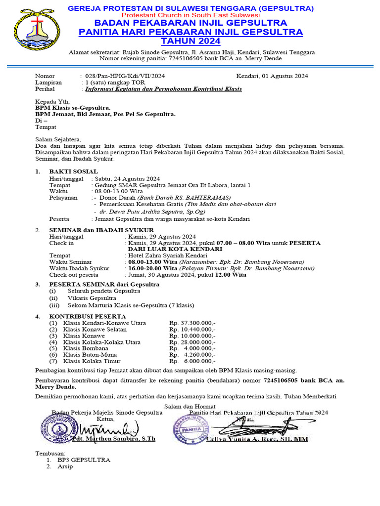Surat Ke Klasis Kontribusi HPIG 2024 | PDF