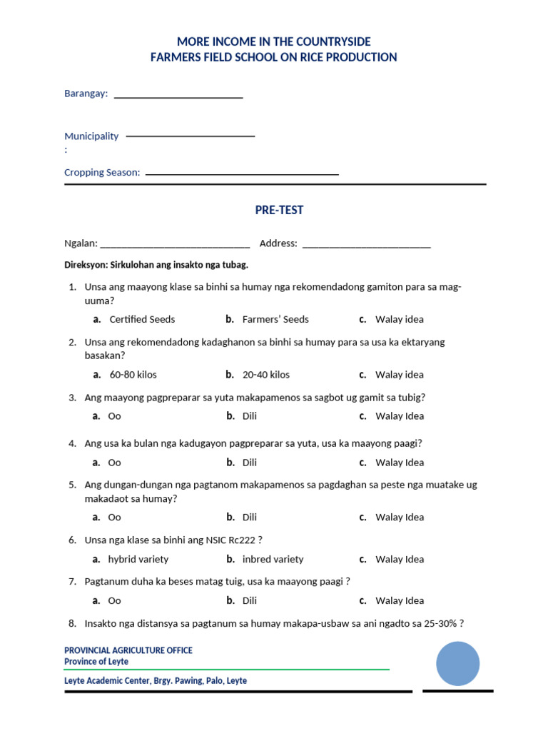 Pre Test Rice FFS TRNG | PDF