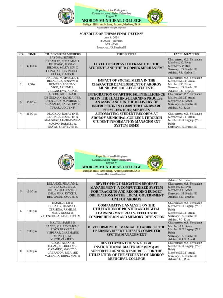 SCHEDULE OF THESIS FINAL DEFENSE New | PDF