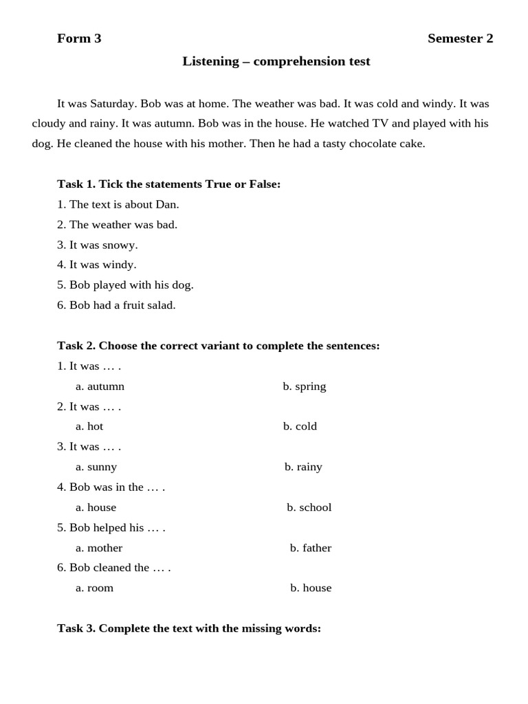 Form 3 Semester 2 Listening - Comprehension Test | PDF