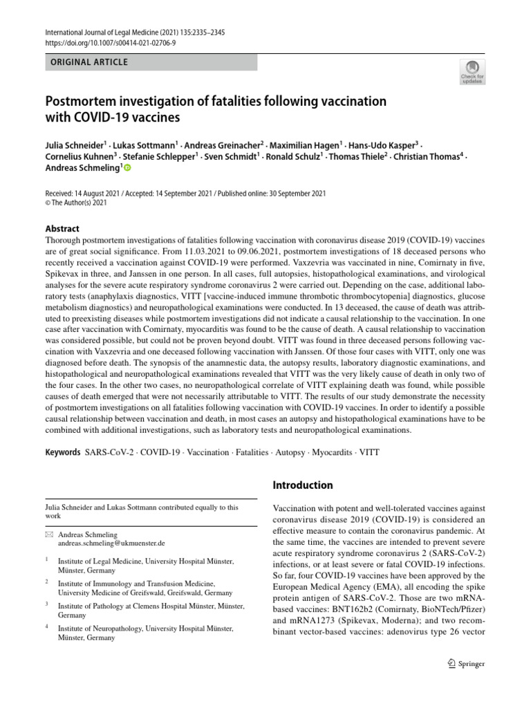 Postmortem Investigation of Fatalities Following Vaccination | PDF