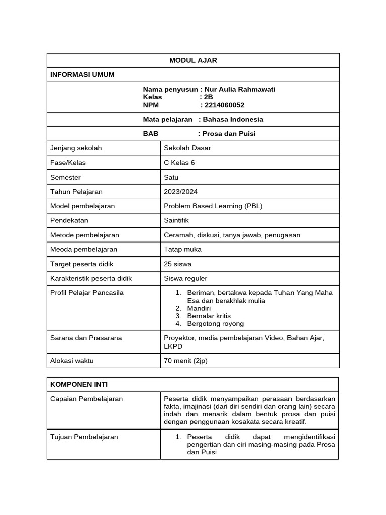 Modul Ajar Prosa dan Puisi SD Kelas 6 | PDF | Language Arts ...