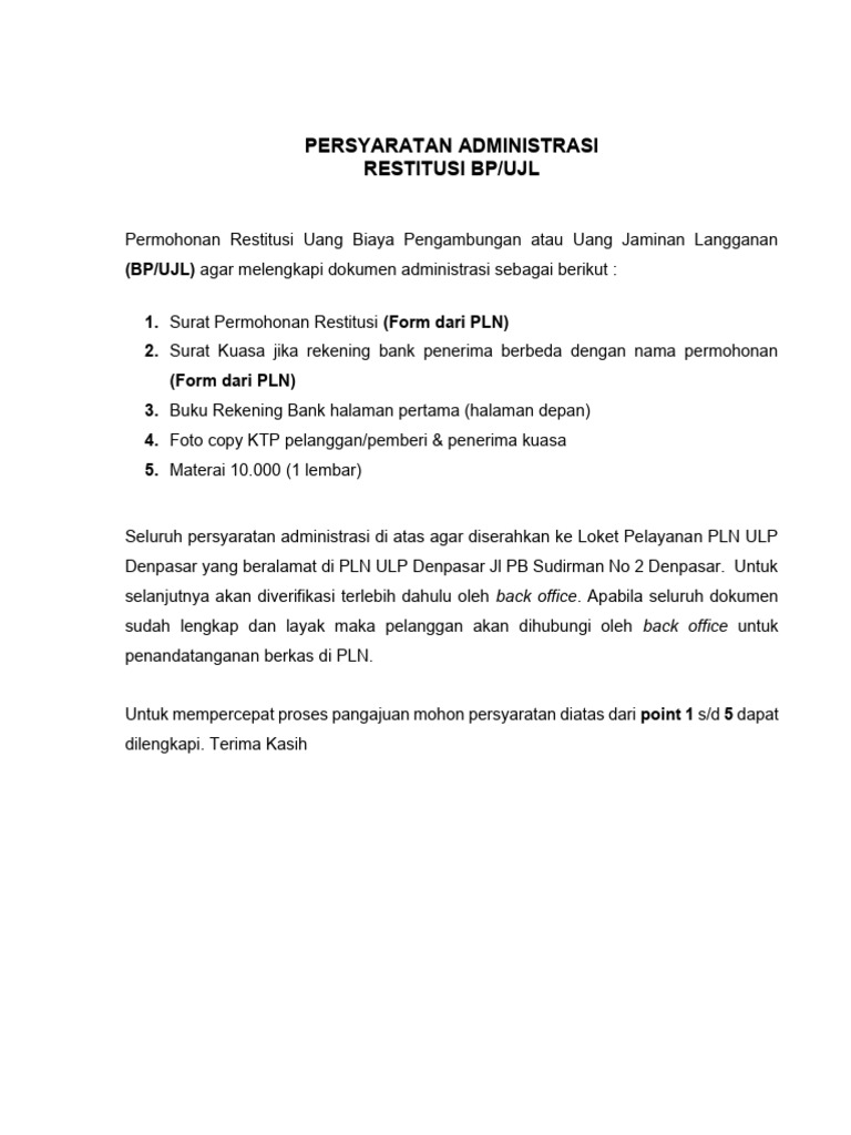Persyaratan Administrasi Dan Formulir Restitusi BP, Ujl | PDF