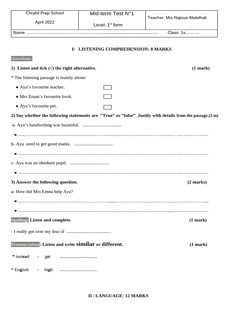 Mid Term Test 3 1st Form April 2022 | PDF