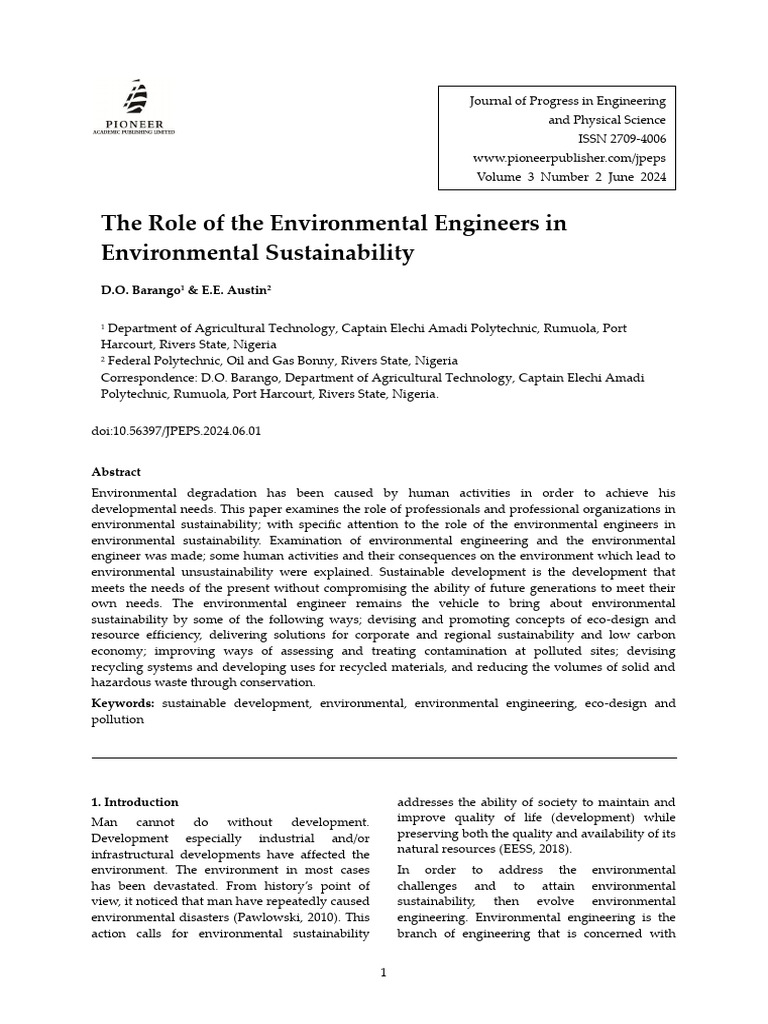 The Role of The Environmental Engineers in Environmental Sustainability ...