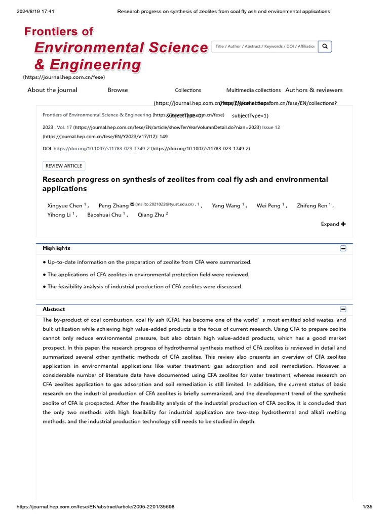Research Progress On Synthesis of Zeolites From Coal Fly Ash and ...