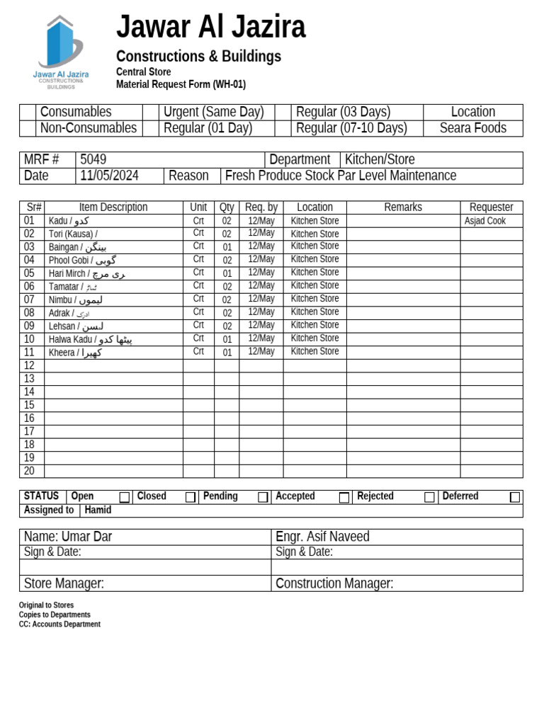 Material Request Form for Kitchen Supplies | PDF