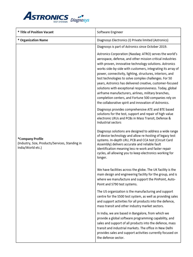 Software Engineer Position at Diagnosys | PDF | Computer Programming ...