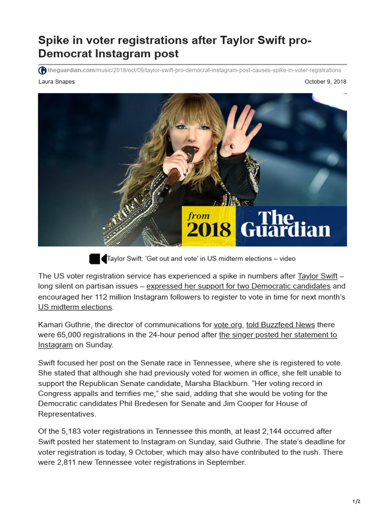 Taylor Swift Spurs Voter Surge PDF Elections Politics Of The