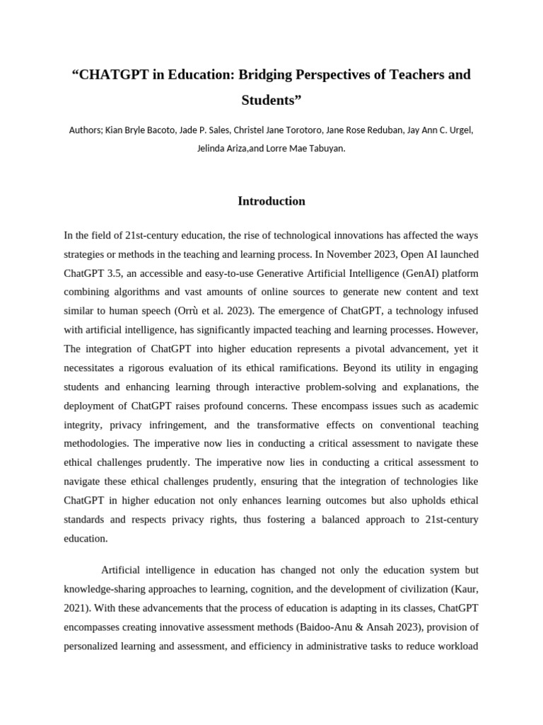 CHATGPT in Education Bridging Perspectives of Teachers and Students | PDF