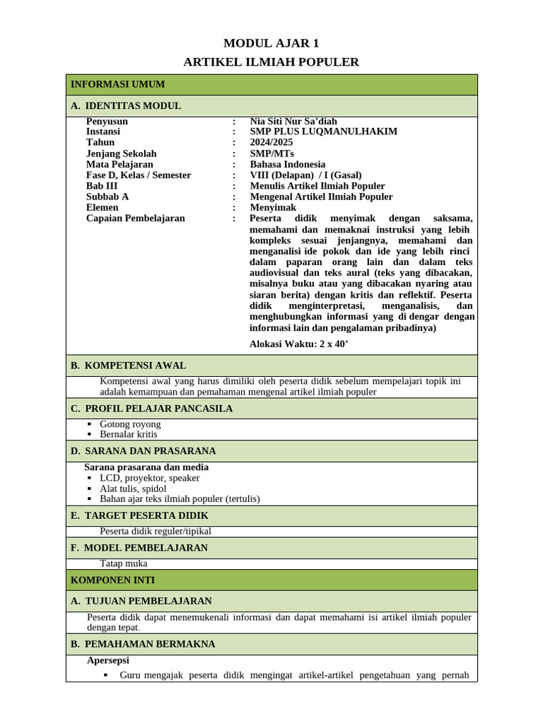 Modul Ajar Bahasa Indonesia Bab 3 Memahami Informasi Teks Artikel