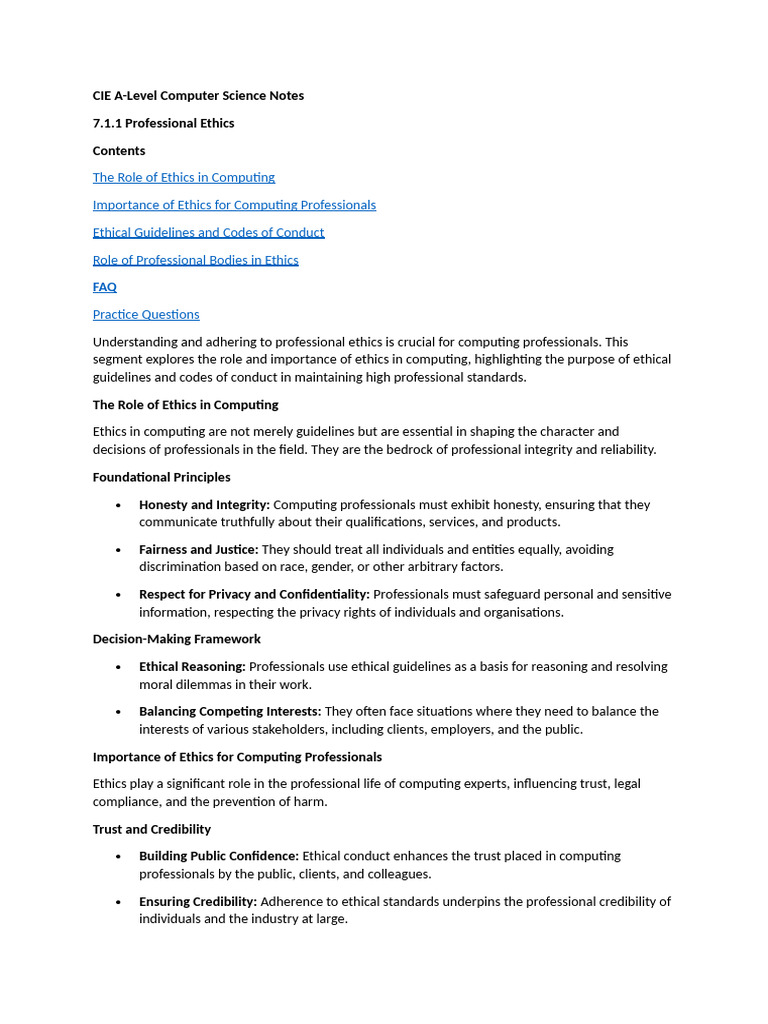 CIE A Level Computer Science - 7.1.1 Professional Ethics | PDF