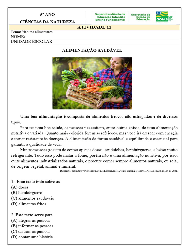 Atividades sobre Alimentação Saudável 5º Ano | PDF | Alimentos