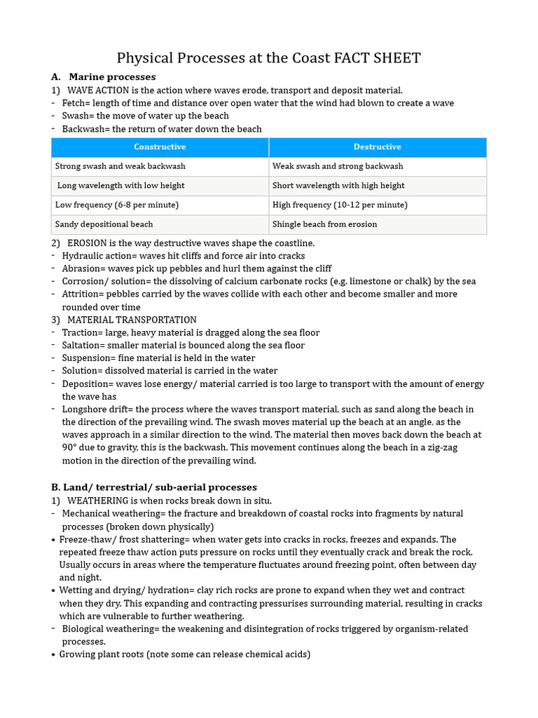 Physical Processes at The Coast Fact Sheet | PDF